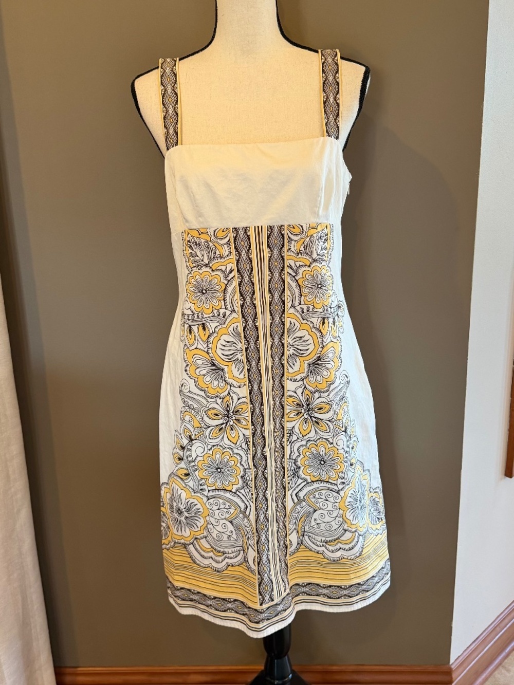 Ann Taylor Loft Floral Geometric Yellow Brown Mini Sundress, Size 8